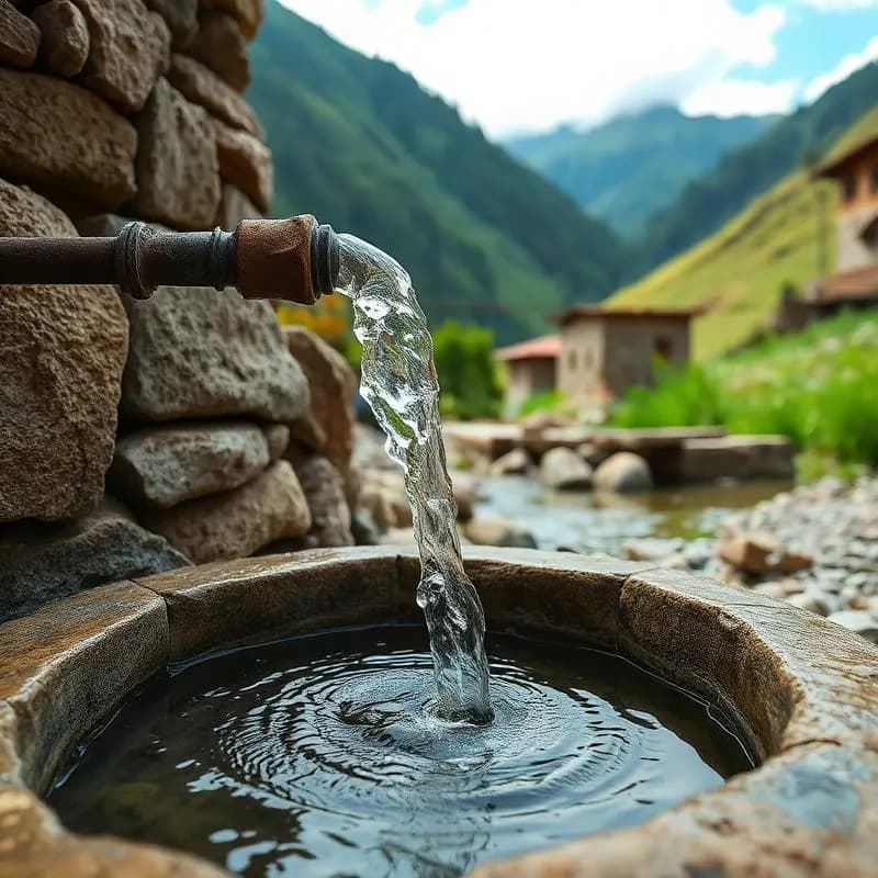 Clean water flowing from a mountain spring into a stone basin